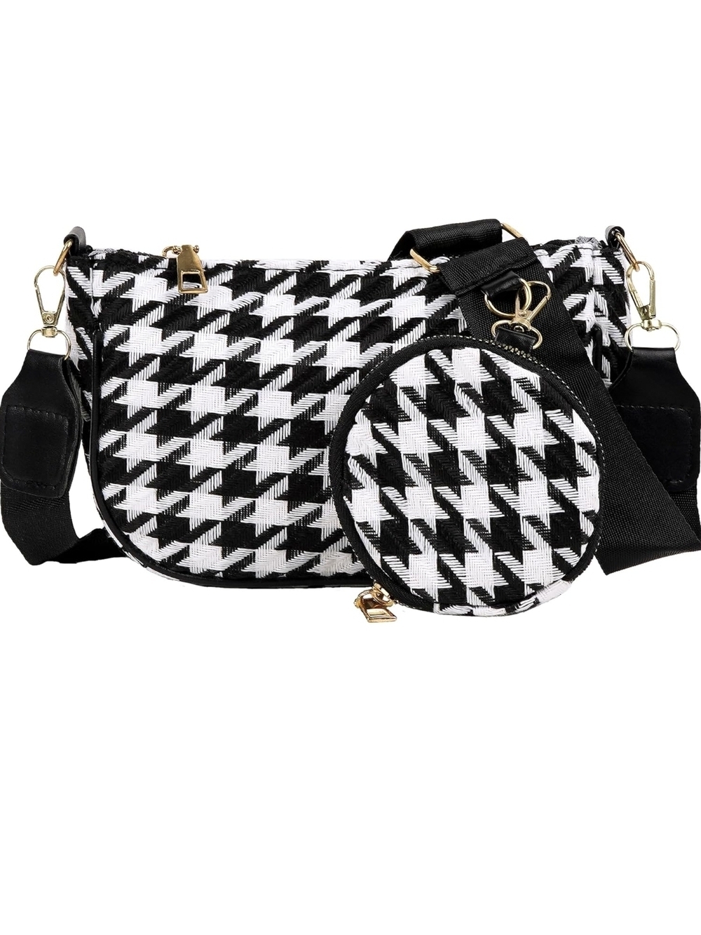 Black & White Houndstooth Crossbody Bag with Coin Pouch